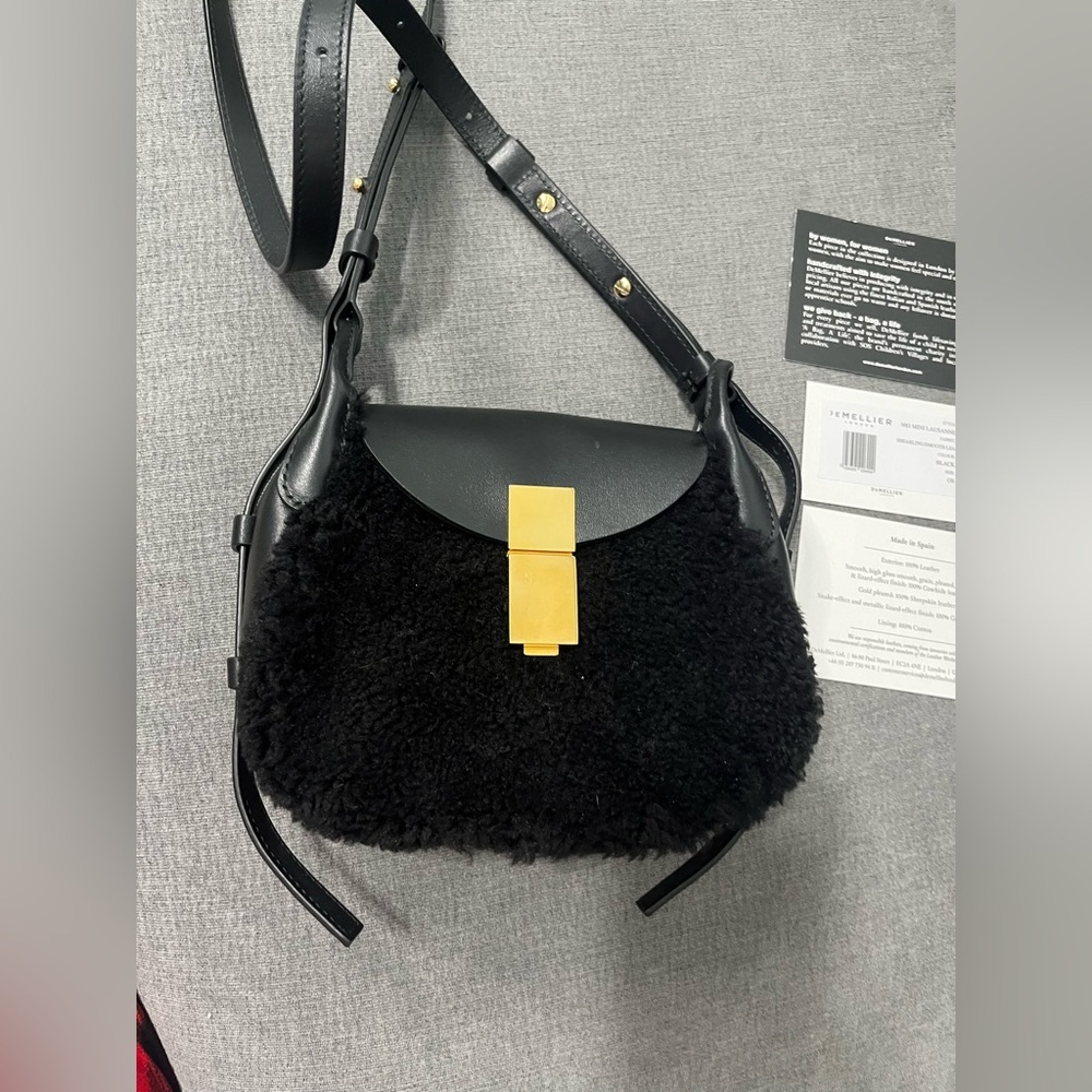 DeMellier Mini Lausanne Black Shearling Smooth Crossbody Bag with Gold Clasp